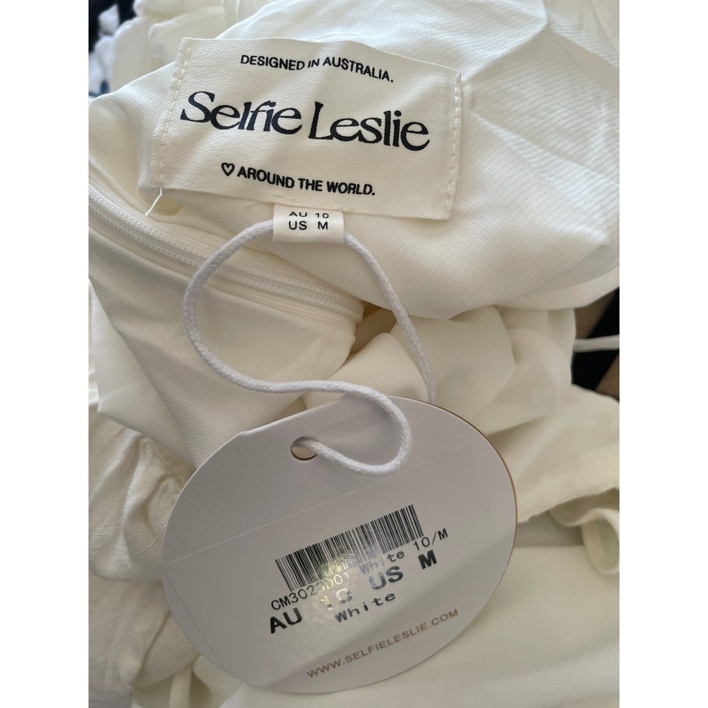 Selfie Leslie Midi Dress Womens Medium White Ruffle Open Back Side Slit V-Neck - Picture 11 of 11